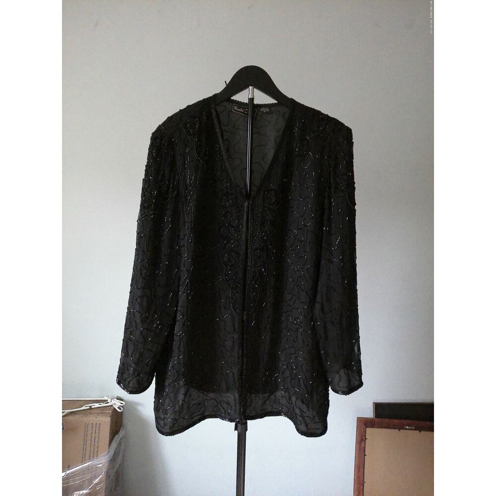 VTG Beaded Drama Black Silk Beaded Evening Jacket Blazer Open Front Formal 1X